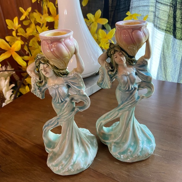 Vintage Majolica Art Noveau lady candlesticks
